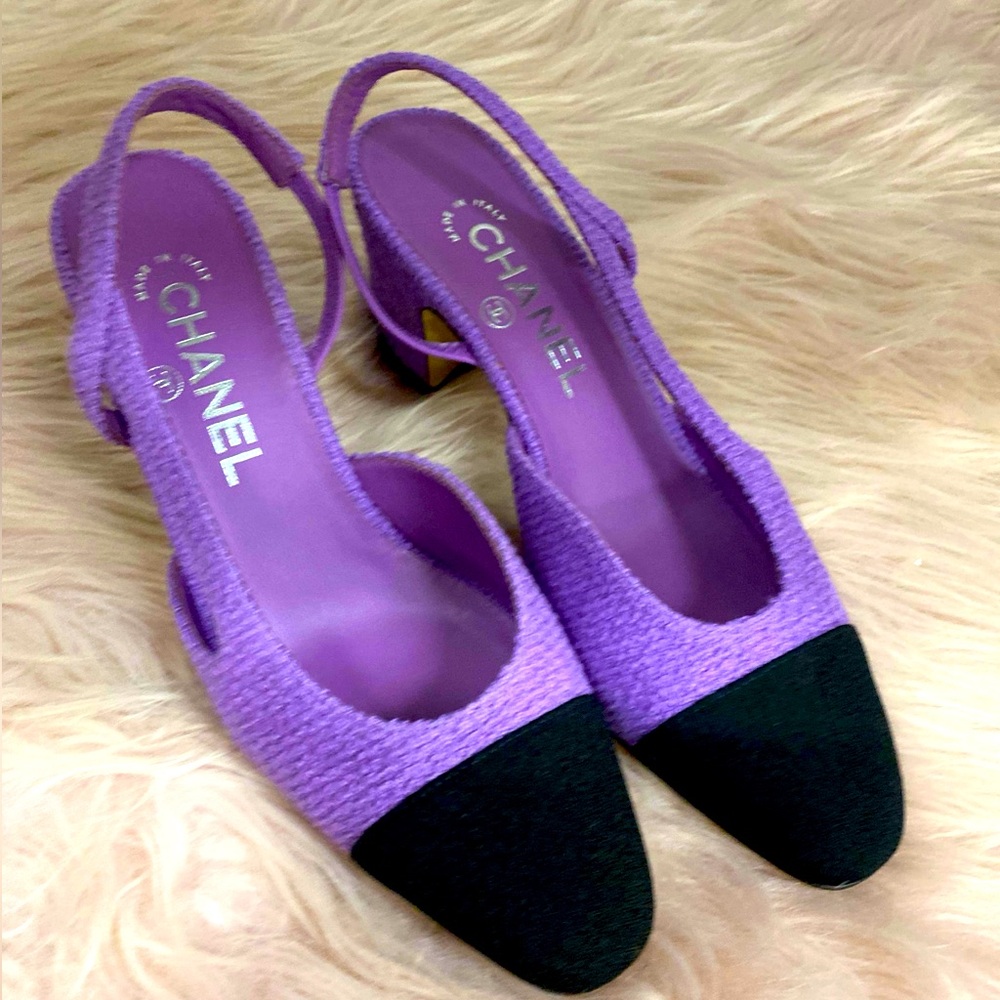 Chanel Slingback Tweed Purple Cap Toe heels